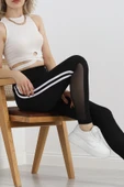 Paça Tül Şeritli Dalgıç Tayt Siyah - 1