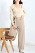 Bol Paça Kuşaklı Krep Pantolon Vizon - 9
