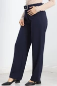 Double Kumaş Kemerli Bol Paça Pantolon Lacivert - 3