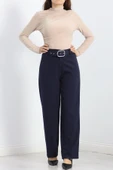 Double Kumaş Kemerli Bol Paça Pantolon Lacivert - 4
