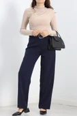 Double Kumaş Kemerli Bol Paça Pantolon Lacivert - 8
