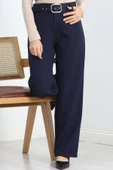 Double Kumaş Kemerli Bol Paça Pantolon Lacivert - 7