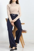 Double Kumaş Kemerli Bol Paça Pantolon Lacivert - 9