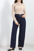 Double Kumaş Kemerli Bol Paça Pantolon Lacivert - 6