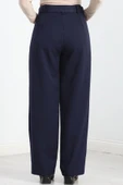 Double Kumaş Kemerli Bol Paça Pantolon Lacivert - 10