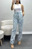 Beli Lastikli Nakışlı Pantolon Buzmavi - 1