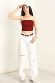 Lazer Kesim Palazzo Kot Pantolon Beyaz - 4