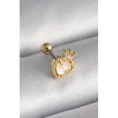 Gold Renk 316 L Çelik Beyaz Mineli Kalp Zirkon Taş Detaylı Taç Tragus Piercing - Tj-pr1262 - 1
