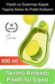 Pipetli Sızdırmaz Kapak Taşıma Askılı Sevimli Avokado Su Şişesi Çocuk Okul Suluk Matarası Tritan - 1