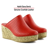 Erkan Saçmacı Aria Kırmızı Hakiki Dana Derisi Önü Kapalı Mantar Taban Görünümlü Dolgu Topuklu Terlik - 3
