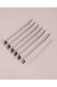 Elista Krom Pipetli Latte Kaşığı Kokteyl Kaşığı Ve Temizleme Fırçası, 22 Cm 6'lı Paslanmaz  Yaprak Model - 1