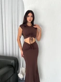 Osy Modal Yumuşak Dokulu Kumaş Büzgülü Crop Etek Takım -Kahverengi - 4