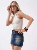 Kemer Detay Denim Mini Etek - 1