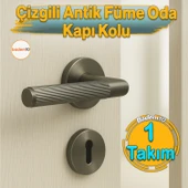 Çizgili Antik Füme Oda Tipi Kapı Kolu Rozetli Sağ Sol Uygun Modern İç Kapı Kilitlenebilir 1 Takım - 1