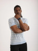 Erkek Mavi Desenli Triko Tişört – Kısa Kollu, Slim Fit thumbnail 2