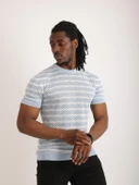 Erkek Mavi Desenli Triko Tişört – Kısa Kollu, Slim Fit thumbnail 4