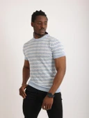 Erkek Mavi Desenli Triko Tişört – Kısa Kollu, Slim Fit thumbnail 3