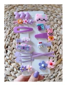 14 Lü Set Çocuk Saç Tokası Seti Mor Tema Çoklu Figürlü Toka Set - 3