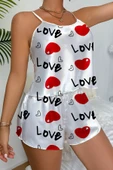 Love Desenli Saten Şortlu Gecelik - 1