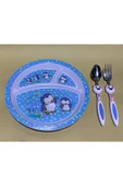abnturk Penguen Desenli Mavi Bölmeli Çocuk Mama Tabağı Seti 3’Lü Çocuk Yemek Takımı - 1