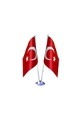 Saten Masa Üstü Türk Bayrağı Çiftli Takım - 1
