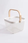 Ahşap Saplı Çok Amaçlı Metal Düzenleme Saklama Depolama Sepeti Beyaz thumbnail 1