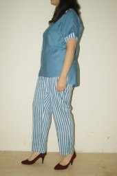 mavi keten çizgili büyük beden  günlük takım - 1