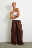 Beli Lastikli Geniş Paça Büzgülü Pantolon Kahve - 3