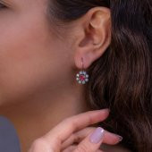 Kırmızı Beyaz Zirkon Taşlı Çengelli 925 Ayar Gümüş Çiçek Küpe thumbnail 2