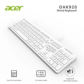 Acer OAK920 Q Usb Beyaz 1.8mt Kablolu Klavye-Tek Tuş Hesap Makinalı (Sessiz Tuş) - 2