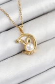316L Çelik İnci Detaylı Hilal Tavşan Model Gold Renk Kadın Kolye - TJ-BKO10347 - 1
