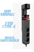 ATAsoft ELEKTRONİK Since 2021 Akım Korumalı Priz Masa Kenarı Ayarlanabilir 3 Priz 2 Usb 1 Type C Güç Düğmeli Girişli Priz Ftr19 thumbnail 1