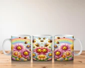 Çocuklara Sütü Sevdiren Gökkuşağı Altında Gülümseyen Çiçekler ve Uçuşan Arılar Desenli Kupa Bardak thumbnail 5