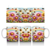 Çocuklara Sütü Sevdiren Gökkuşağı Altında Gülümseyen Çiçekler ve Uçuşan Arılar Desenli Kupa Bardak thumbnail 1