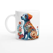 Renkli Çiçekli Zarif Köpek Tasarımlı Sanatsal Kupa Bardak - 1