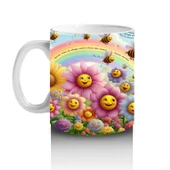 Çocuklara Sütü Sevdiren Gökkuşağı Altında Gülümseyen Çiçekler ve Uçuşan Arılar Desenli Kupa Bardak thumbnail 2