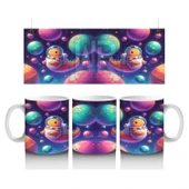 Çocuklara Sütü Sevdiren Astronot Dinozor ve Renkli Gezegenler Desenli Kupa Bardak thumbnail 1