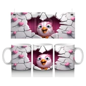 Çocuklara Sütü Sevdiren Kalp Çatlağından Bakan Pembeli Kuş Kupa Bardak - 1