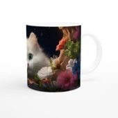 Gece Bahçesinde Parlayan Gözlü Beyaz Kedi Baskılı Kupa Bardak thumbnail 3