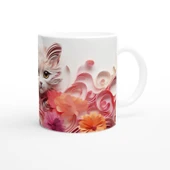 Renkli Çiçekler Arasında Meraklı Kedi Temalı Baskılı Kupa Bardak - 3