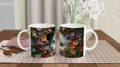 Renkli Çiçeklerle Çevrili Meraklı Kedi Baskılı Kupa Bardak thumbnail 5