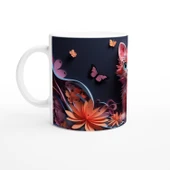 Renkli Çiçekler Arasında Neşeli Kedi ve Kelebekler Baskılı Kupa Bardak thumbnail 2