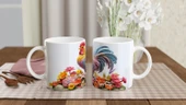 Renkli Çiçekler Arasında Pastel Horoz Baskılı Kupa Bardak - 4