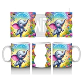 Çocuklara Sütü Sevdiren Çiçekler Arasında Su Sıçratan Neşeli Fil Desenli Kupa Bardak - 1