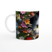 Renkli Çiçeklerle Çevrili Meraklı Kedi Baskılı Kupa Bardak thumbnail 2