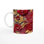 Altın Yapraklı Kırmızı Rölyef Çiçek Desenli Kupa Bardak - 1