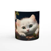 Gece Bahçesinde Parlayan Gözlü Beyaz Kedi Baskılı Kupa Bardak thumbnail 1