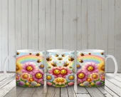 Çocuklara Sütü Sevdiren Gökkuşağı Altında Gülümseyen Çiçekler ve Uçuşan Arılar Desenli Kupa Bardak thumbnail 6