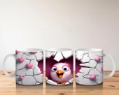 Çocuklara Sütü Sevdiren Kalp Çatlağından Bakan Pembeli Kuş Kupa Bardak - 5