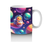 Çocuklara Sütü Sevdiren Astronot Dinozor ve Renkli Gezegenler Desenli Kupa Bardak thumbnail 4